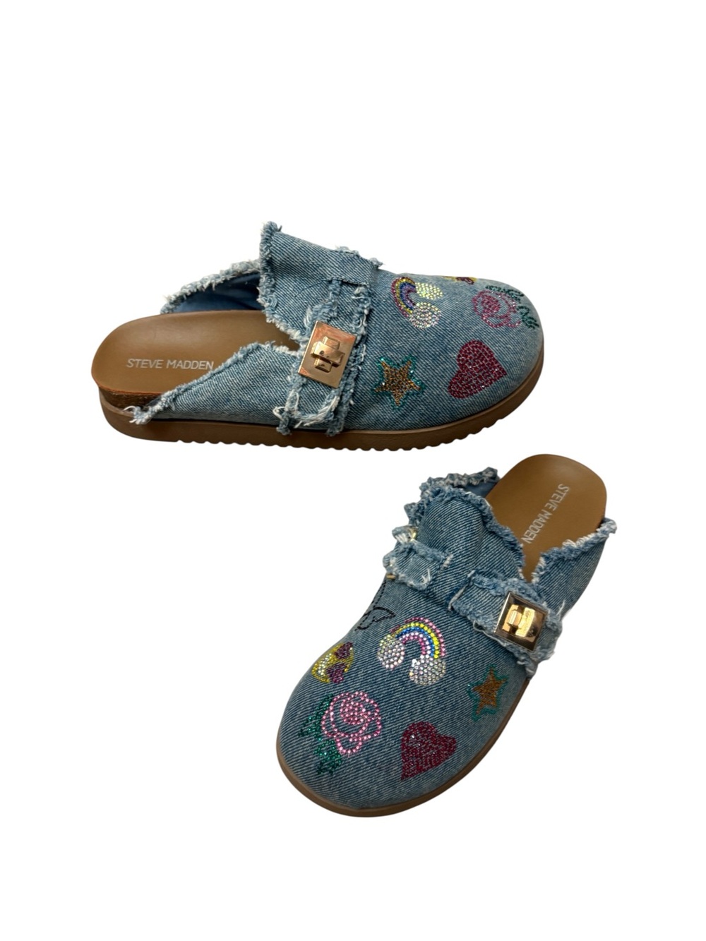 Steve Madden Blue Denim Rhinestone Bling Slip On Mule Shoe Girls size 4 Youth